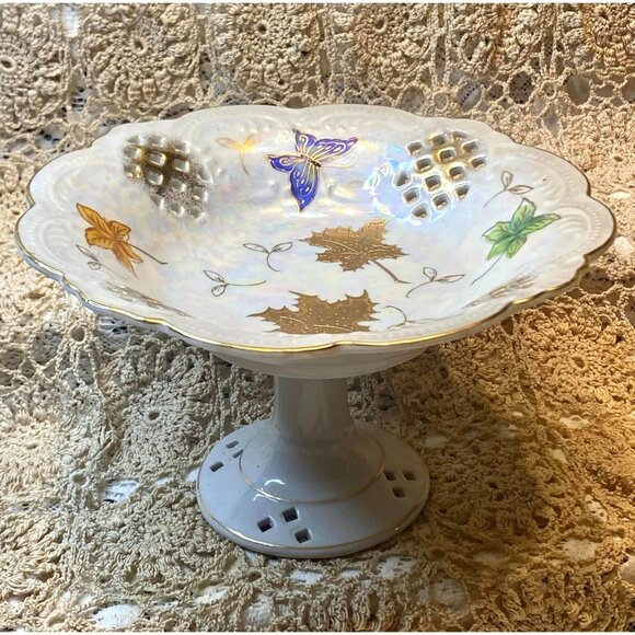 Vintage German Iridescent Porcelain Pedestal Bowl With Leaf Designs & Gold Accen - Picture 1 of 7